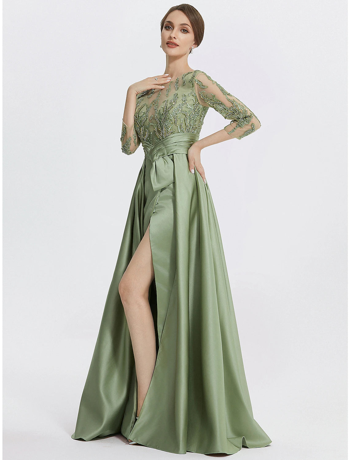 A-Linien-Abendkleid, elegantes Kleid, formell, bodenlang, 3/4-Ärmel, Rundhalsausschnitt, Satin mit Schlitz, Stickerei-Applikationen